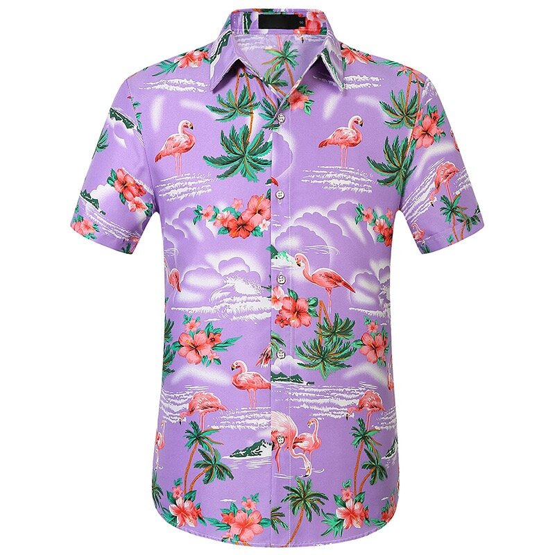 Camisa de praia havaiana de manga curta masculina, tamanho positivo, padrão flamingo, casual, alta qualidade, verão, 2024