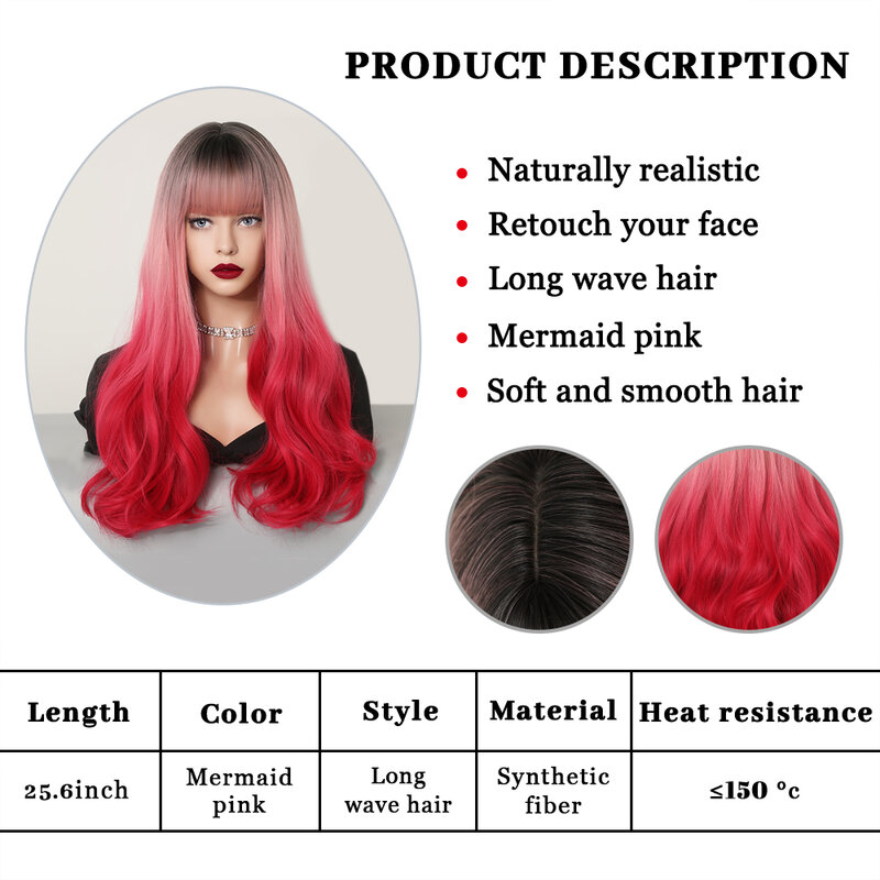 Peruca sintética encaracolada longa vermelha sereia com Franja para mulheres, perucas de cabelo natural, resistente ao calor, festa cosplay, lolita diária