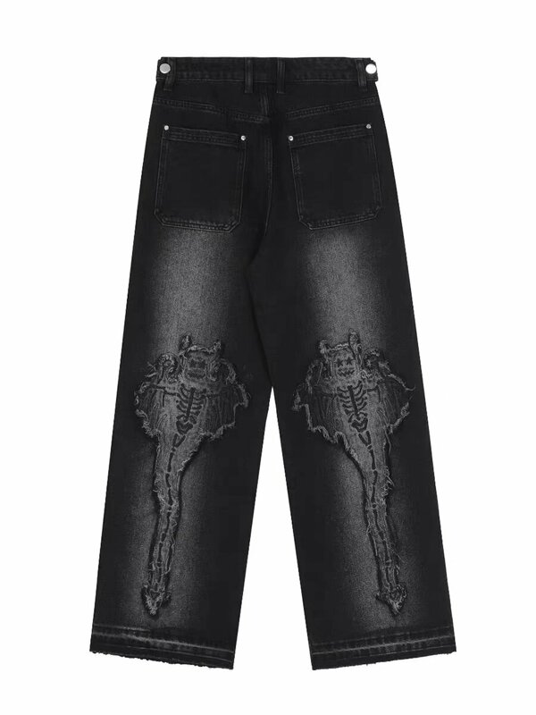 Y2K Harajuku Retro Graphic Patch Jeans para hombres y mujeres, Hip Hop, gótico, bordado de borde crudo, pantalones vaqueros holgados negros, pantalones vaqueros de pierna ancha, nuevo