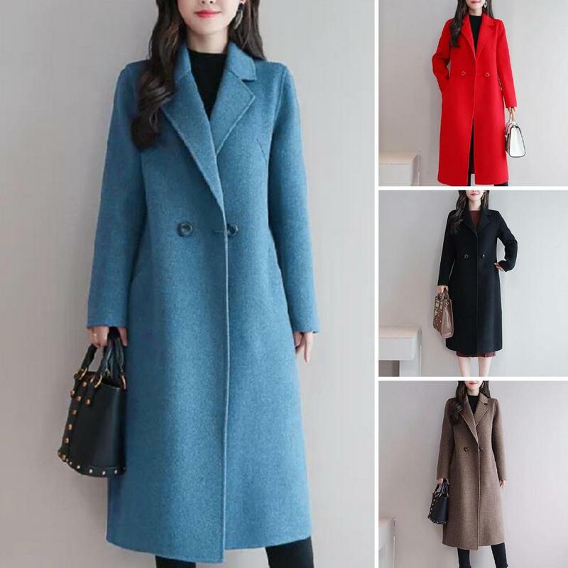 Frauen Herbst Winter einfarbig Woll mantel Revers Langarm zwei Knöpfe Taschen mittellange Woll jacke Outwear