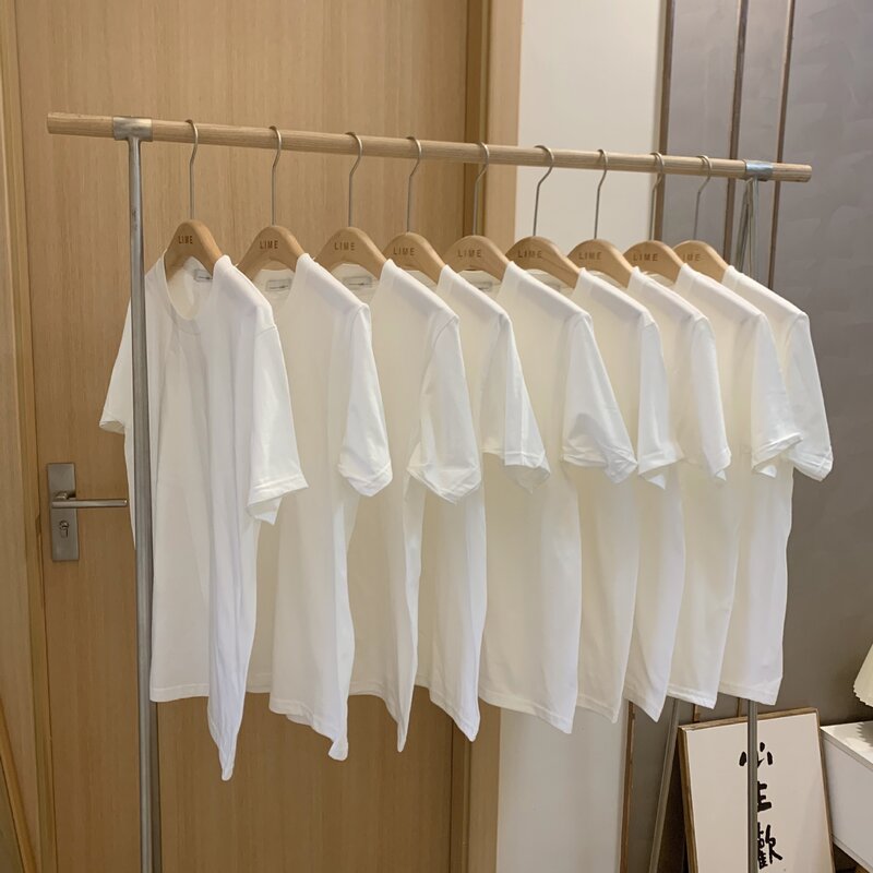 T-shirt pesada de algodão puro para mulheres, manga meia, top solto, manga curta, grossa, cor sólida, par roupas, gola redonda