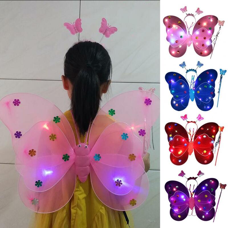 3 buah/Set kostum Anak sayap peri LED, sayap kupu-kupu ringan bercahaya sayap kupu-kupu