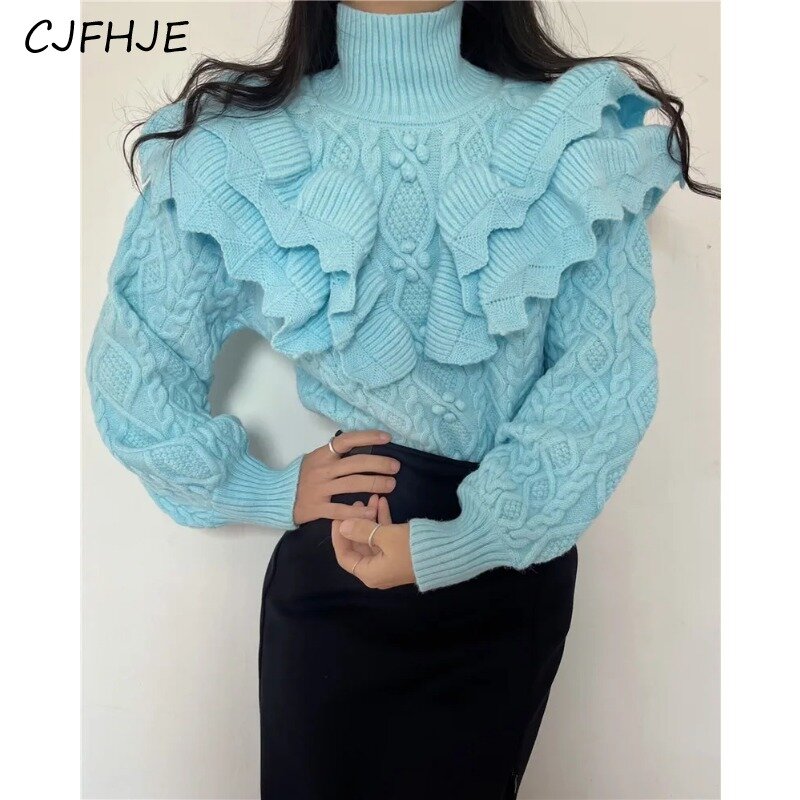 CJFHJE Women Stand Up Collar Patchwork Ruffled Edges Loose Lantern Sleeve Knitted Sweater Casual Women's Long Sleeved Sweater