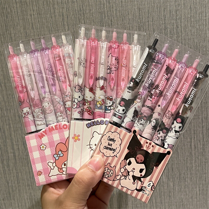 Sanrio Olá Kitty Série Gel Pen, Recarga Y2K Cinnamoroll Kuromi MelodyCartoon Imprensa Pen, Artigos de papelaria preto, 0,55mm, 6Pcs