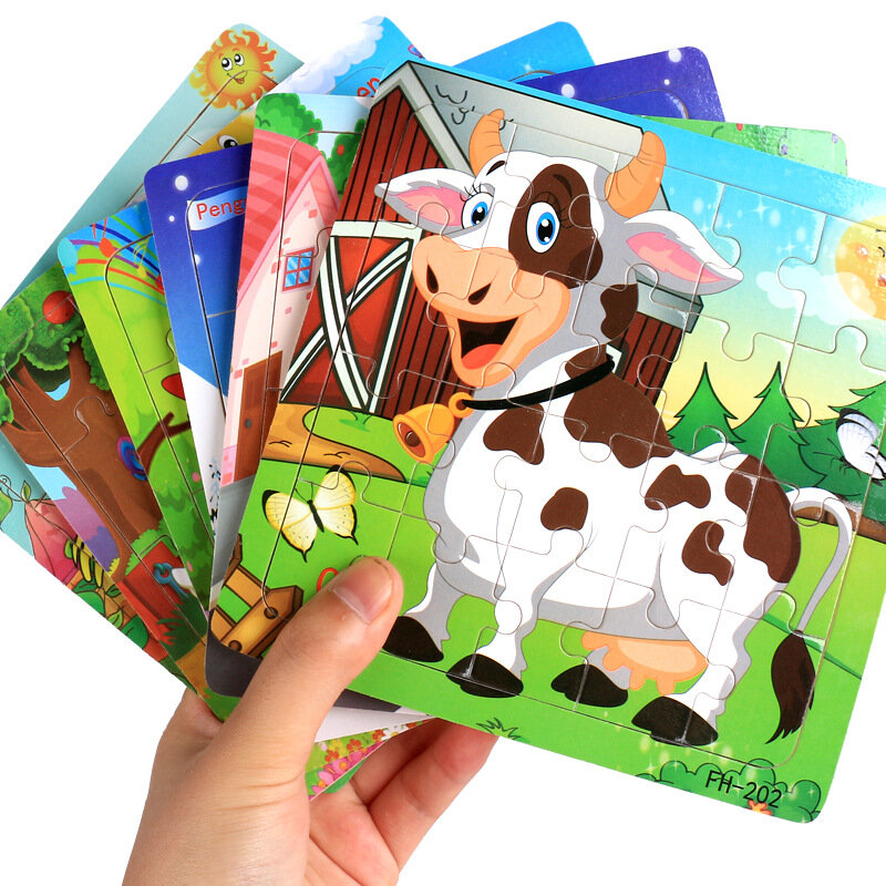 20piece Wooden Puzzle Cartoon Animals Car Letter Number Pattern Jigsaw Puzzles Game Kids Educational Learning Toys for Children