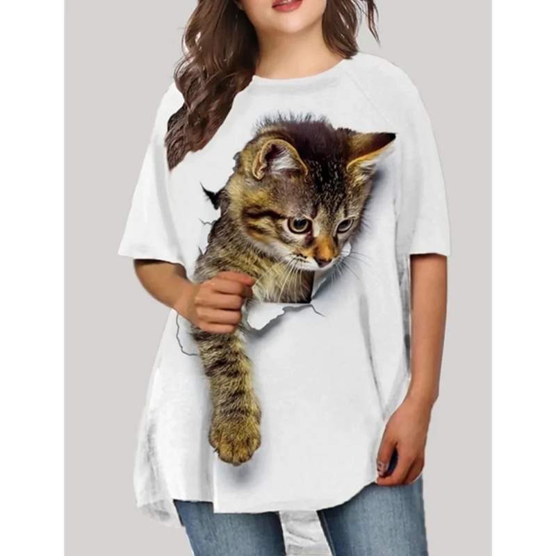Fashion women's T-shirt top 3D printed cute cat pattern loose street clothing O-neck clothing short sleeved women's T-shirt
