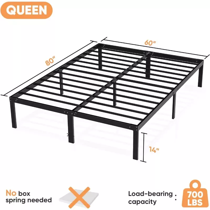 Rangka tempat tidur ratu, rangka tempat tidur Platform logam ukuran dengan ruang penyimpanan di bawah bingkai, tugas berat, rangka tempat tidur 14 inci