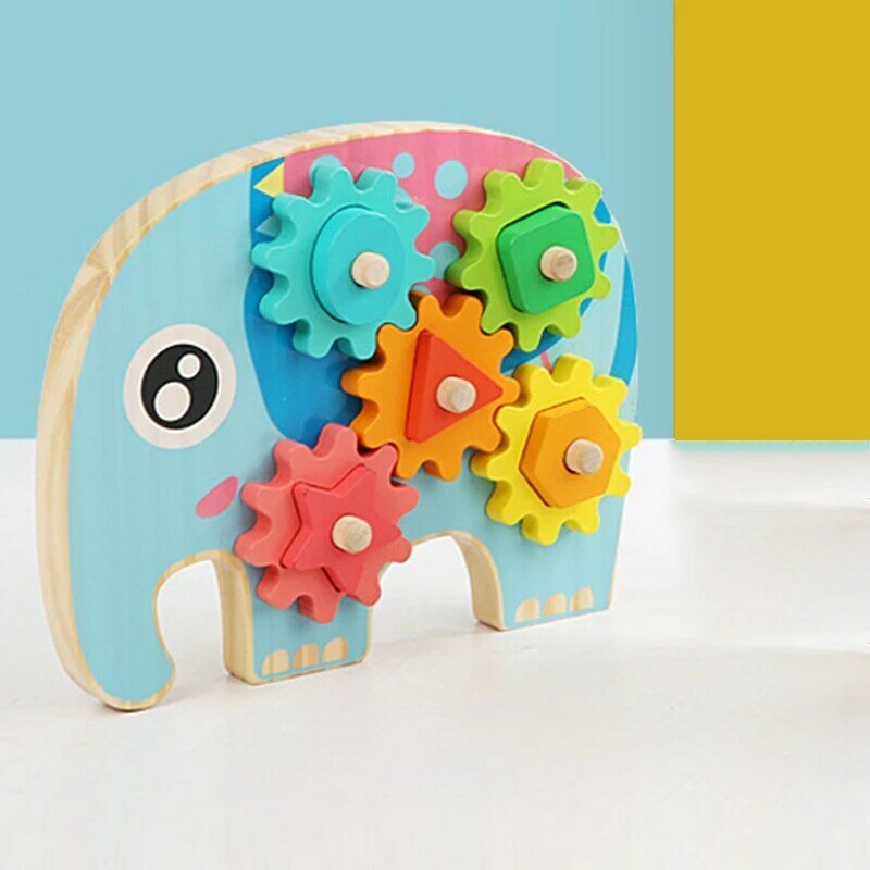 Elephant Wooden Toy For Toddlers Educational Sorting Gear Game With Turning Wheels Learn Colours And Shapes