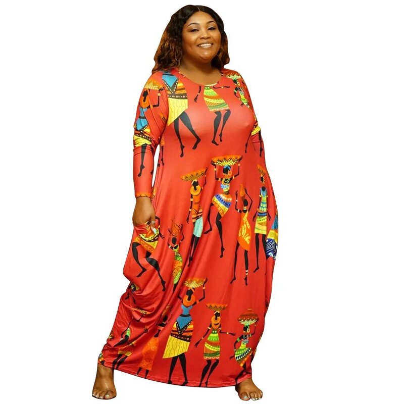 L-4XL Plus Size Dresses for Women Clothing Outfits 2022 Fall Print Long Sleeve Loose African Maxi Dress Wholesale Dropshipping