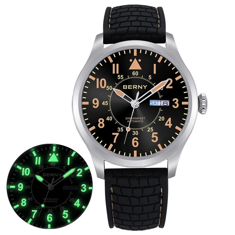 BERNY-Relógio masculino de mergulho automático, relógio mecânico NH36, piloto, safira militar luminosa, grande, impermeável, 20ATM, 20Bar