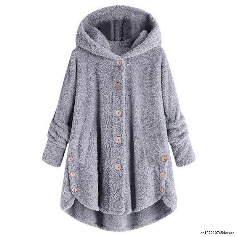 Mantel musim dingin wanita, mantel bulu macan tutul palsu berkerudung lengan panjang kantong pakaian luar kain hangat