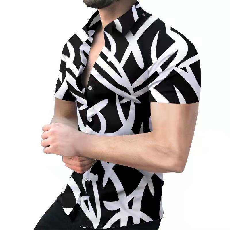 2022 NEW Fashion Nation Style Summer Man's single-breasted Shirt Black Printing Turn-down Collar Short Sleeve Loose Hawaiian Cas