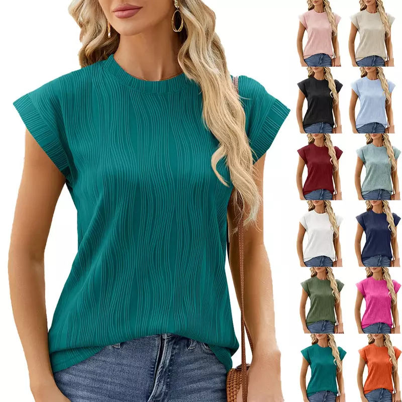 여성용 민소매 티셔츠, 어깨 커프스 커버, 라운드 넥, 단색 조끼, 2024