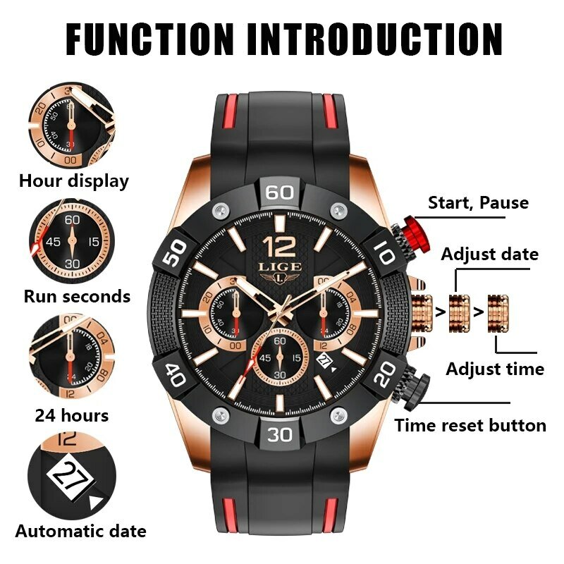 LIGE zegarek męski sportowy zegarek kwarcowy chronograf wojskowe męskie zegarki Luminous datownik zegarek dla mężczyzn Relogio Masculino + pudełko