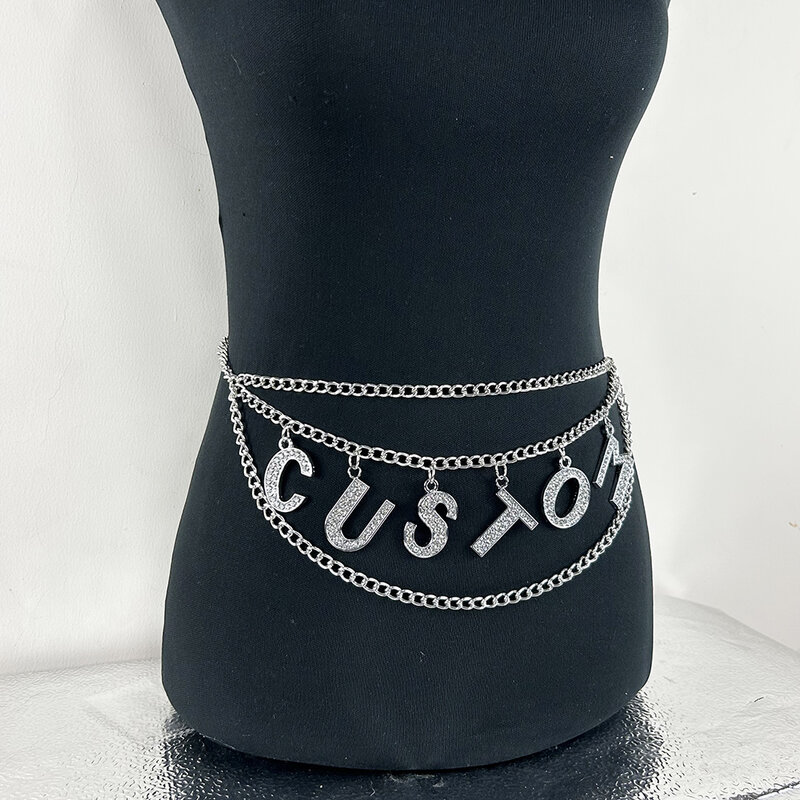 Spersonalizowany kryształ DIY duże litery talia łańcuszek do spodni seksowne kobiety Rhineston oświadczenie z imieniem i nazwiskiem łańcuszek prezent akcesoria Cosplay