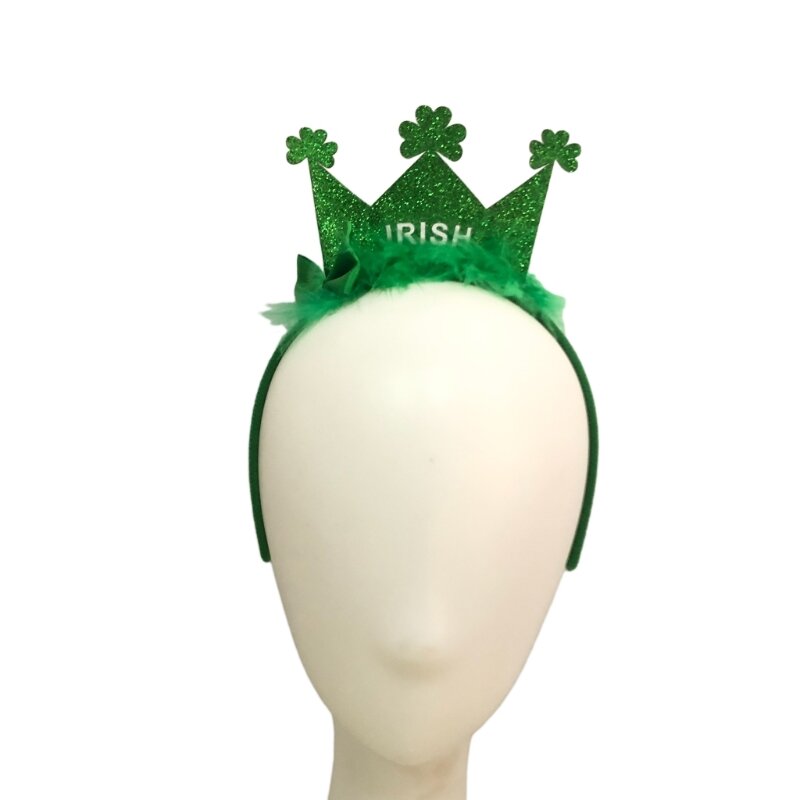 Y166 обруч для волос с зеленой короной и блестками, повязка на голову с трилистником, аксессуары для волос на день Святого