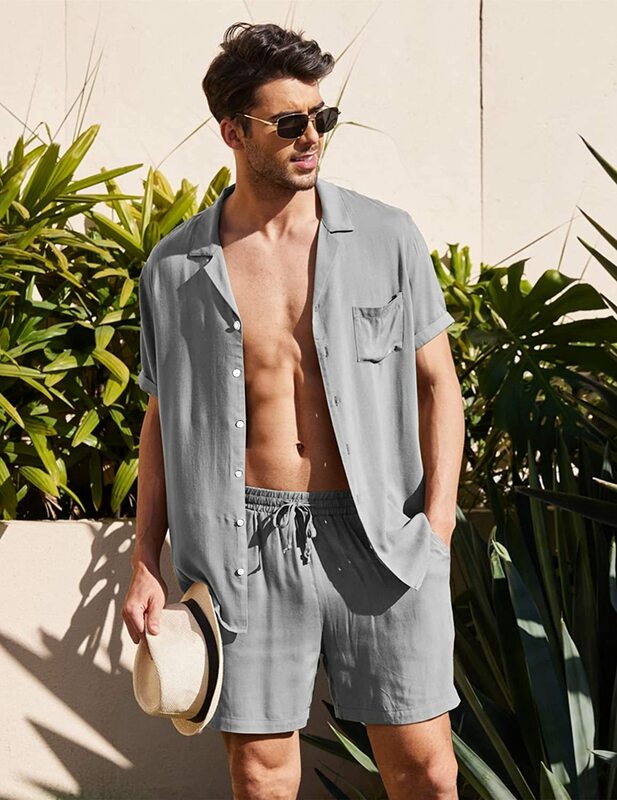 Traje de camisa de lino de manga corta para hombre, ropa de verano suelta, informal, cárdigan de lino y algodón, pantalones cortos