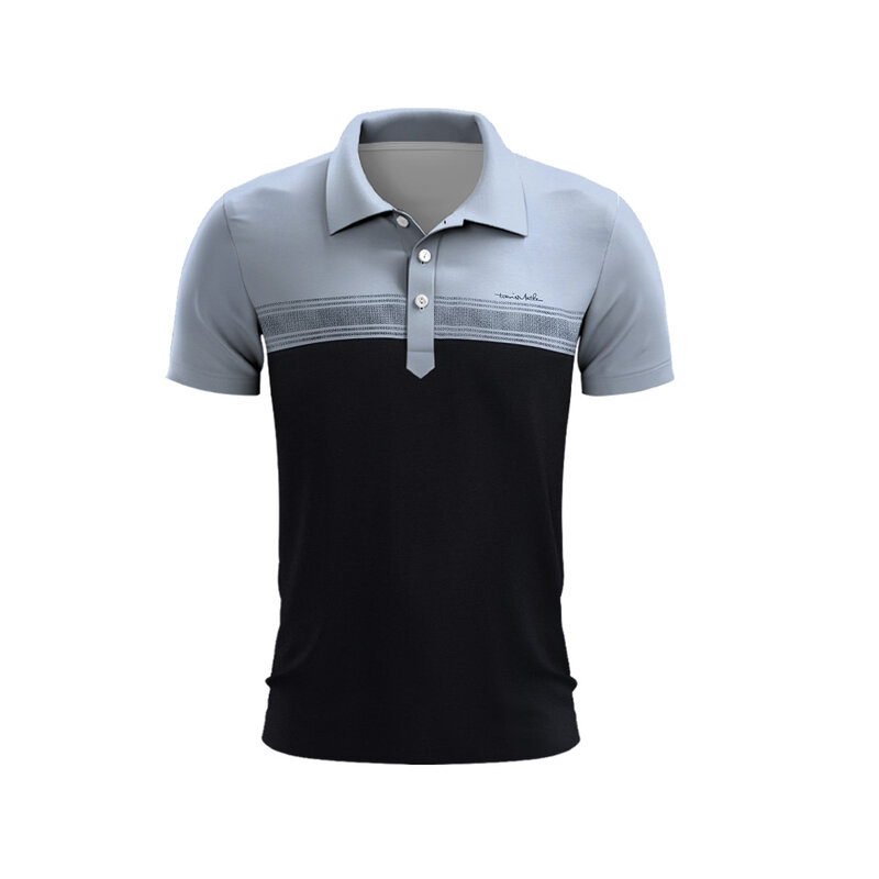 Men's Golf Polo Shirt Gradient Striped Pattern Men's Summer Golf T-Shirt Top Quick Dry Top Golf Club Button T-Shirt Polo Shirt