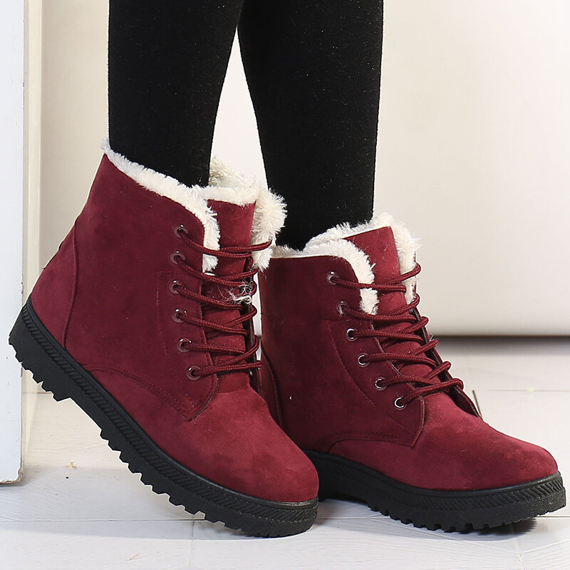 Botas femininas estilo coreano, botas de pele, salto baixo, bota curta, sapatos de neve, inverno, 2023