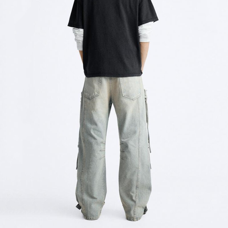PB&ZA Men's 2024 Summer American Workwear Style Versatile Trend Multi-Pocket Loose Jeans 5575471