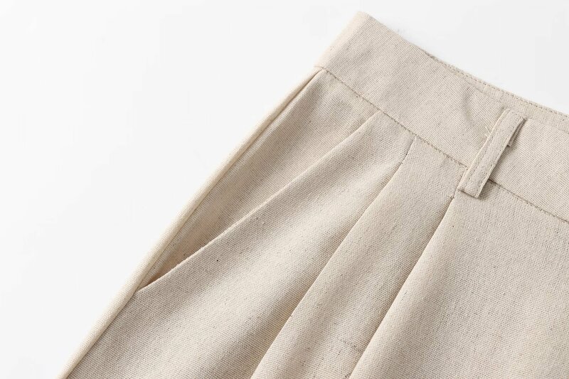 2024แฟชั่นผ้าลินินเอวสูงยืดหยุ่นสำหรับผู้หญิงกระเป๋าด้านข้างแนวลำลองทรงหลวมแนววินเทจแฟชั่นสุดชิคใหม่