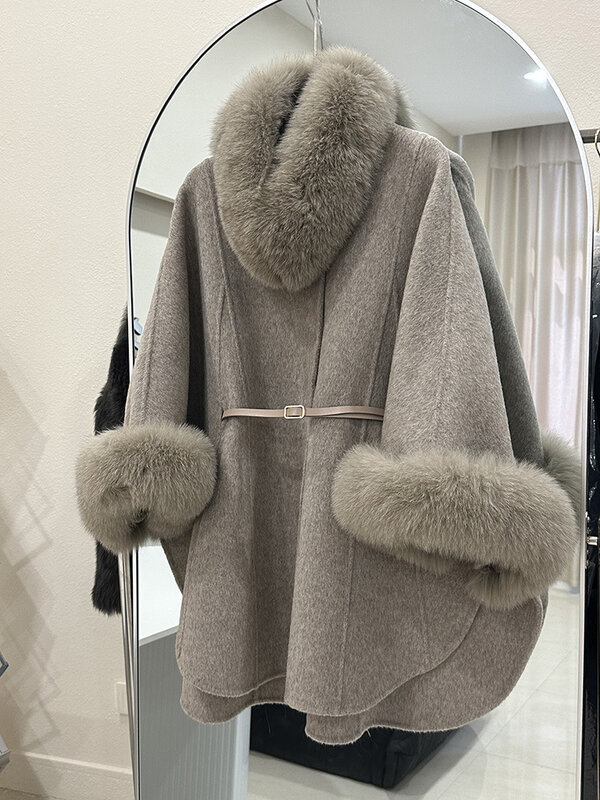 女性のためのカシミヤケープコート,両面,ロング,本物のキツネの毛皮の襟,豪華なウールのコート,新しい秋冬コレクション