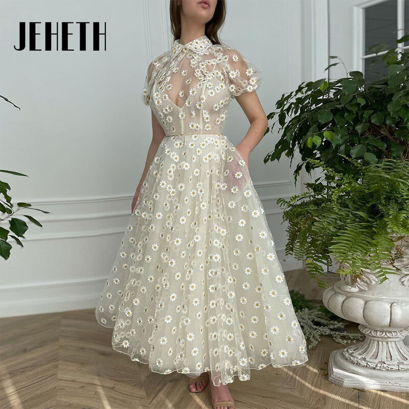 JEHETH Daisy Midi Prom Dress Short Sleeves Sheer High Neck Tulle Ankle Length A-Line Party Illusion Evening Gowns Robe De Mariee