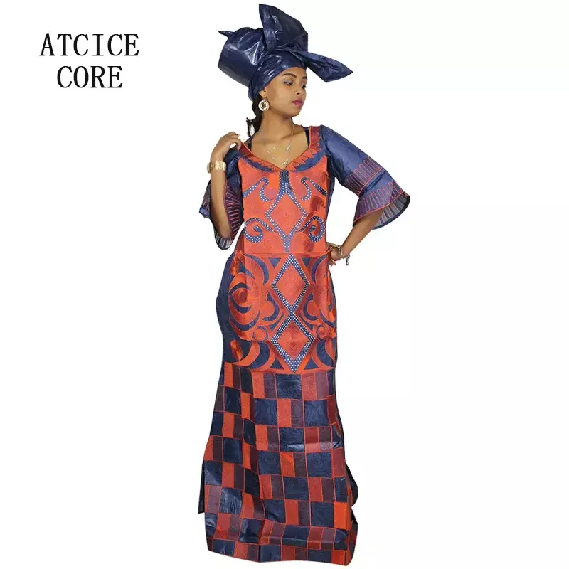 여성용 아프리카 드레스, Bazin Riche 컴퓨터 자수, 플러스 사이즈, 스카프가 달린 긴 드레스
