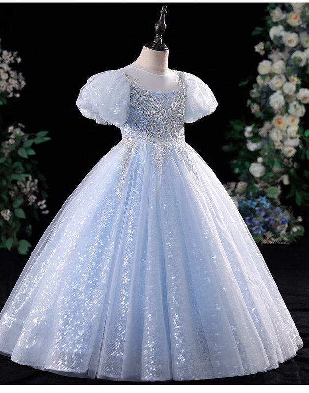 Радужное голубое атласное платье без рукавов для девочек на день рождения с цветами на молнии для свадьбы и крещения искусственная принцесса для официального исполнения