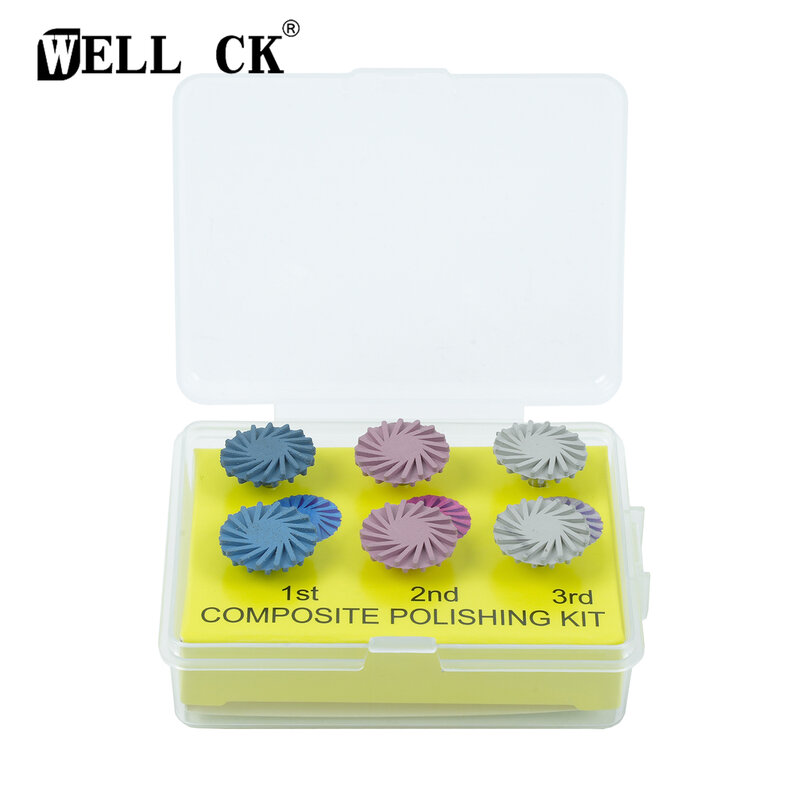 WELL CK 6 unids/lote/caja pulidora de goma Dental, Kit de disco RA compuesto, pulido de resina, Motor eléctrico, rueda de presión, cepillo espiral, fresas