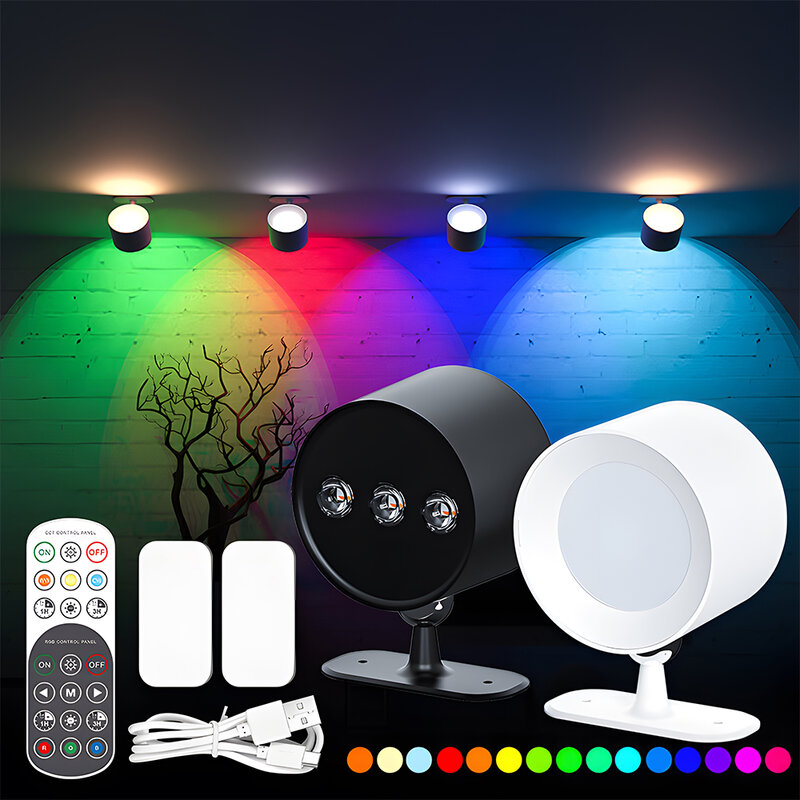 Lâmpada de parede LED com controle remoto, 15 cores, RGB, escurecimento ambiente, USB Recharge, sem fio, luz noturna portátil para quarto, lâmpada de leitura