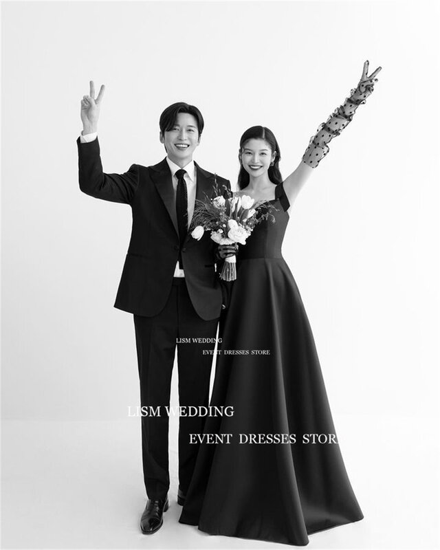 LISM Black Sweetheart corea abiti da sera matrimonio servizio fotografico senza maniche Prom Occasion Gown drappeggiato Satin Backless Party Dress