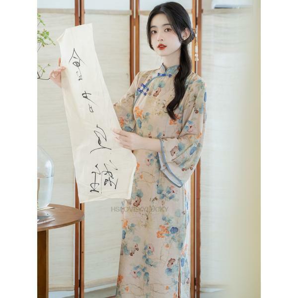 Gaun Tiongkok gaun Cheongsam wanita bunga anggun gaun Vintage Oriental wanita gaya Tiongkok baru musim semi musim panas Qipao