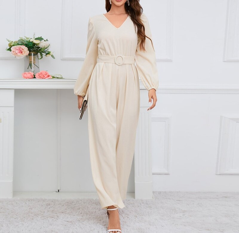 Women's Fashion V-Neck Long Sleeved Slim Straight Leg Jumpsuit 2023 New Loose Casual Jumpsuits Women Temperament Commuting