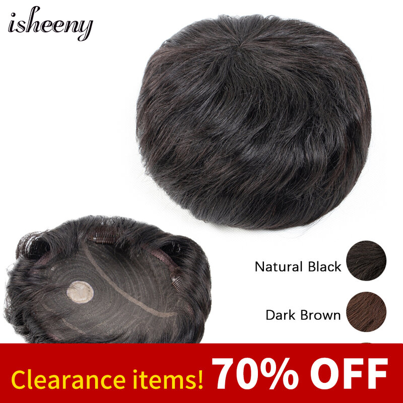 Isheeny Real Human Hair Men Toupee Natural Black Hair Pieces Top Wig sistemi di ricambio 15x18cm Hairpiece for Men