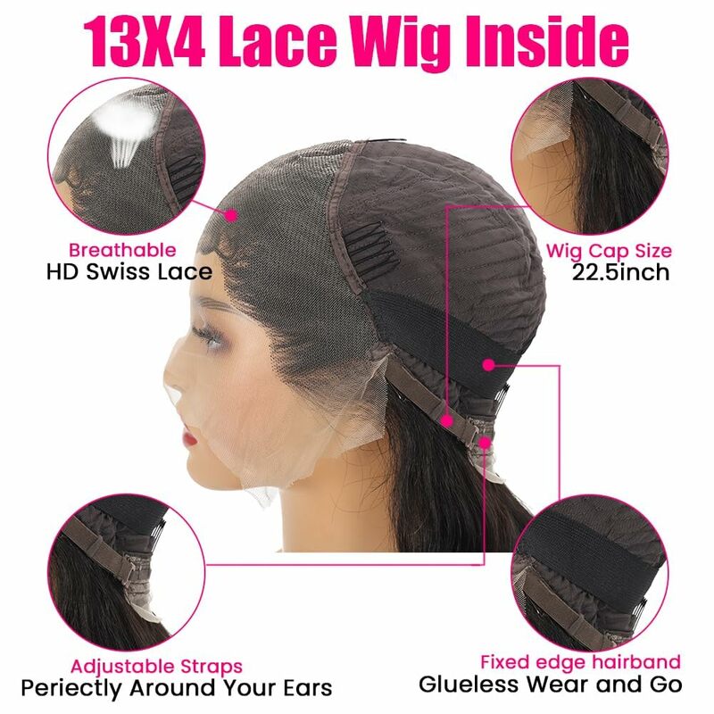 Perruque Lace Front Wig naturelle sans colle, cheveux lisses, 13x4 HD, pre-plucked, avec baby hair, # 1B, pour femmes