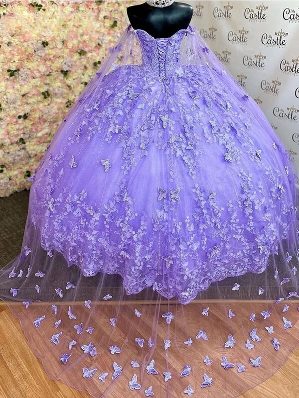 Liliowa księżniczka Quinceanera sukienka balowa paski Spaghetti aplikacje koronkowe koraliki słodkie 16 sukienek 15 Años meksykańskie