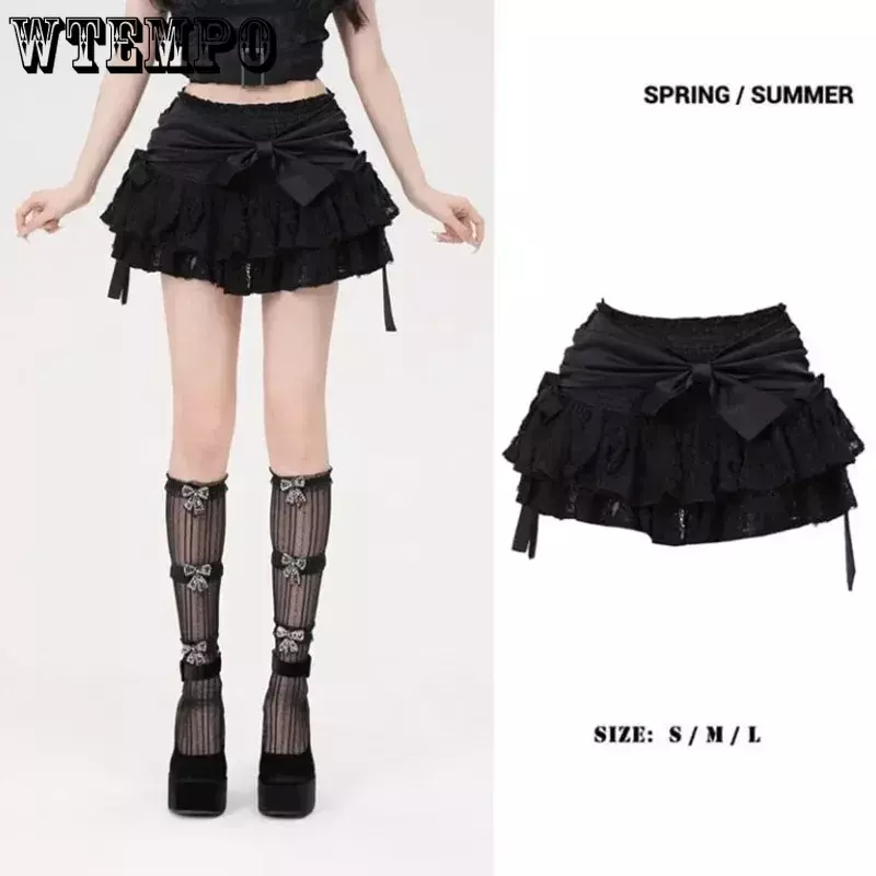 Black Bow Puffy Skirt High End Lace Ballet Style Short Skirt Elastic Waist Built in Shorts American Hottie E-girl Pure Desire