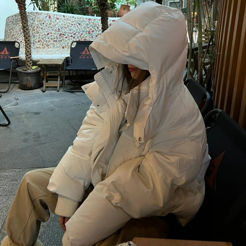 Y2K Winter Cotton Jacket  Women Korean Fashion Hooded Padded Coat Loose Thick Warm Snow Outwear Zipper Solid Waterproof Parka