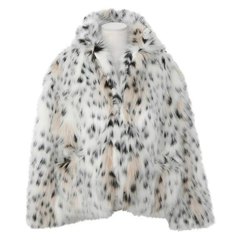 Chaqueta de piel peluda con cuello con muescas para mujer, abrigo corto de piel sintética de leopardo y gato, manga larga, Invierno