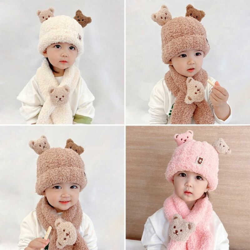 Topi rajut bayi, perlindungan telinga musim dingin, topi syal Set bayi, tebal, hangat, topi rajut, kartun beruang, bayi