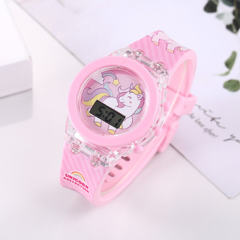 Unicórnio relógios com pulseira caixa para meninas, pulseira de silicone, flash light, relógio feminino, relógio infantil