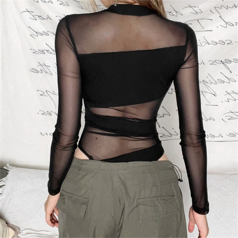 Tute nere skinny a maniche lunghe con patchwork a rete trasparente irregolare da donna Dropship