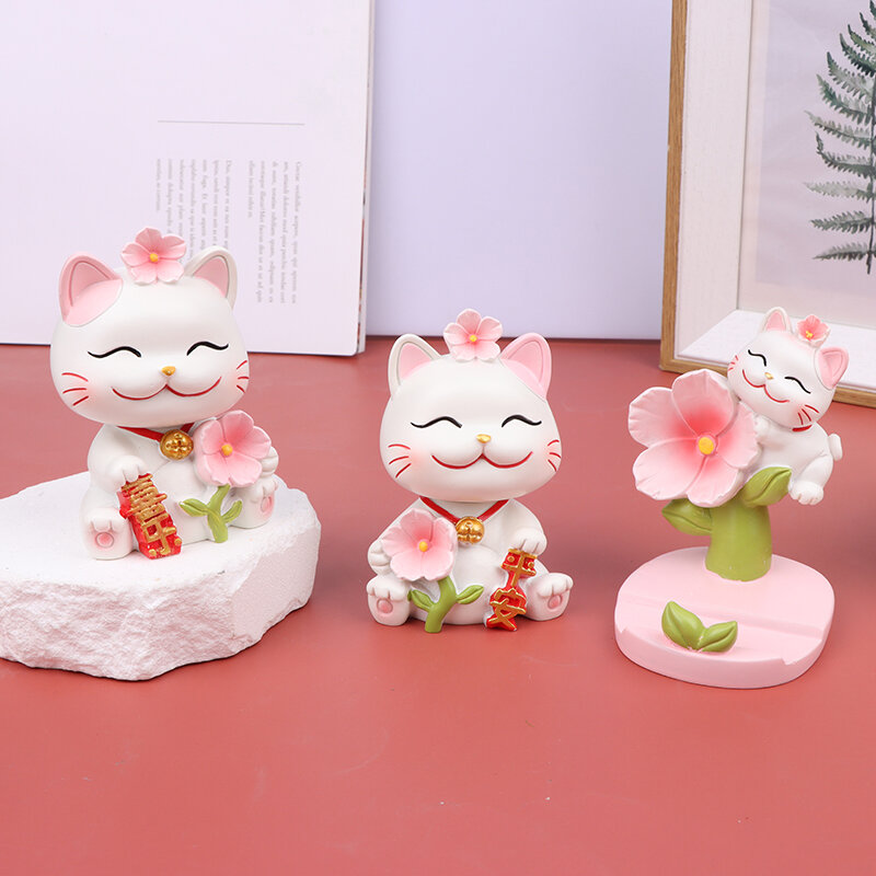 Kreatywny żywiczny kot na szczęście ozdobny uroczy kwiat wiśni koty stojak na telefon dekoracja do domu samochodu dekoracja Feng Shui prezent urodzinowy
