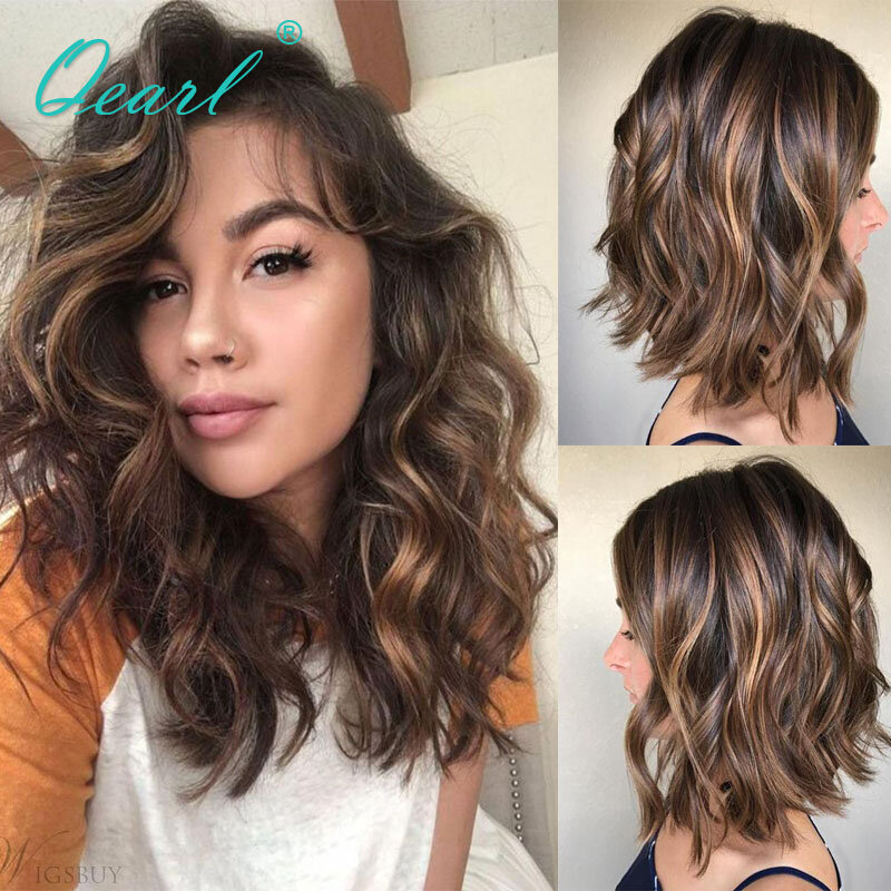 Ombre Short Bob Wavy Human Hair Lace Front Wigs HD invisibile 13X 4 parrucca frontale in pizzo per le donne Brown Honey Blonde Highlights Qearl