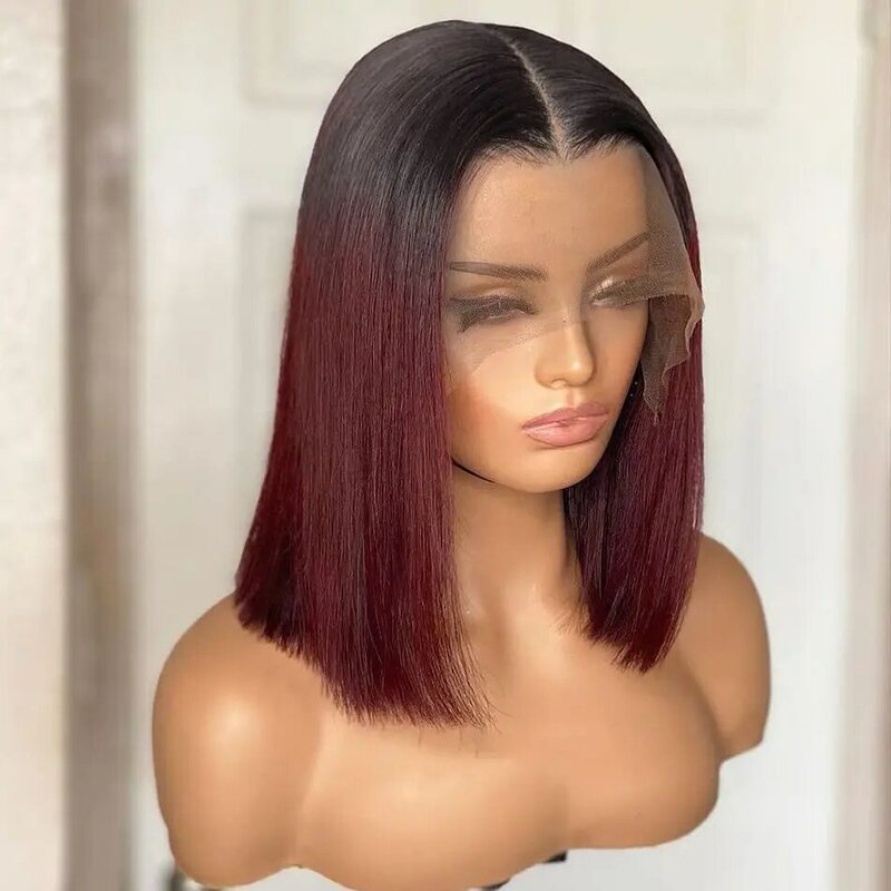 Perruque Bob Lace Front Wig naturelle brésilienne Remy, cheveux courts lisses, bordeaux 1B/99J, pre-plucked, T-part