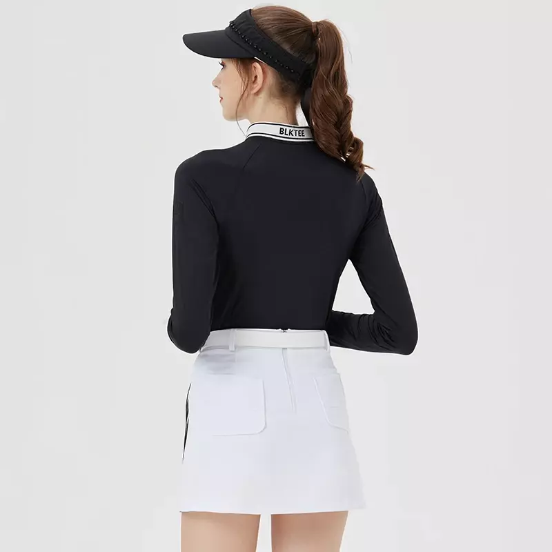 Blktee damskie prążki w paski spódnica golfowa szybkoschnący spodenki damskie wąskie bluzki z długim rękawem z kołnierzem koszulka odzież sportowa