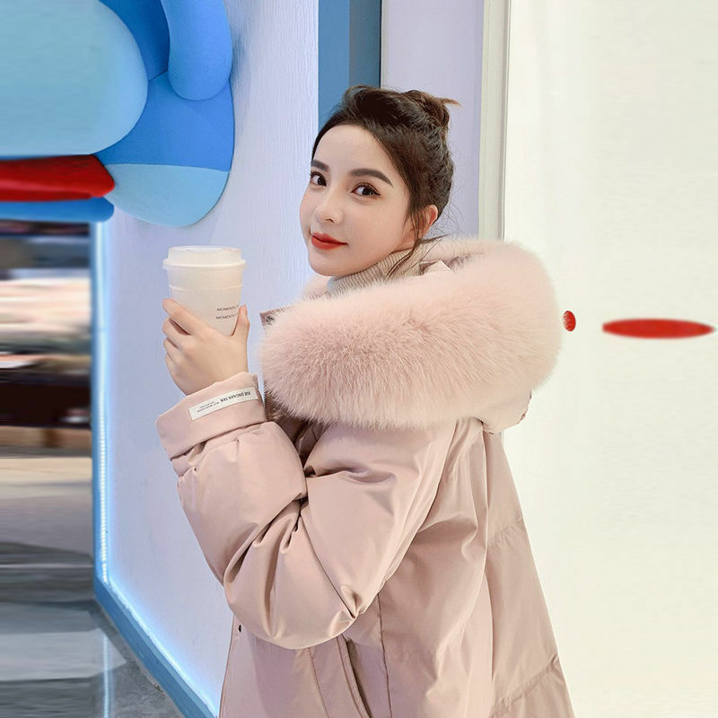 Piumino da donna inverno nuovo collo di pelliccia con cappuccio parka di media lunghezza moda coreana Casual allentato ispessimento cappotti caldi R495