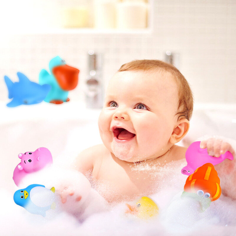 10 sztuk/zestaw słodkie zwierzaki pływanie zabawki wodne dla dzieci miękkie gumowe Float wycisnąć dźwięk skrzypiące zabawki kąpielowe dla zabawki do kąpieli dla niemowląt
