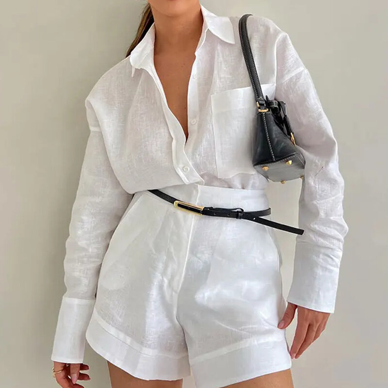 Weiße elastische Taille Shorts zweiteiliges Set für Frauen pendeln Langarm Schnür hemd Anzug Sommer neue weibliche High Street Outfit